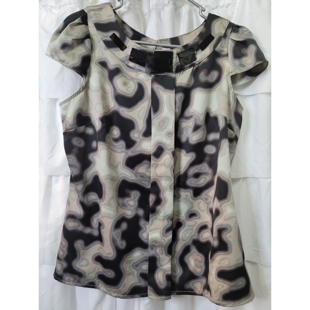 Worthington Abstract Marble Cap Sleeve Blouse Black Grey Embellished Neck M 1819